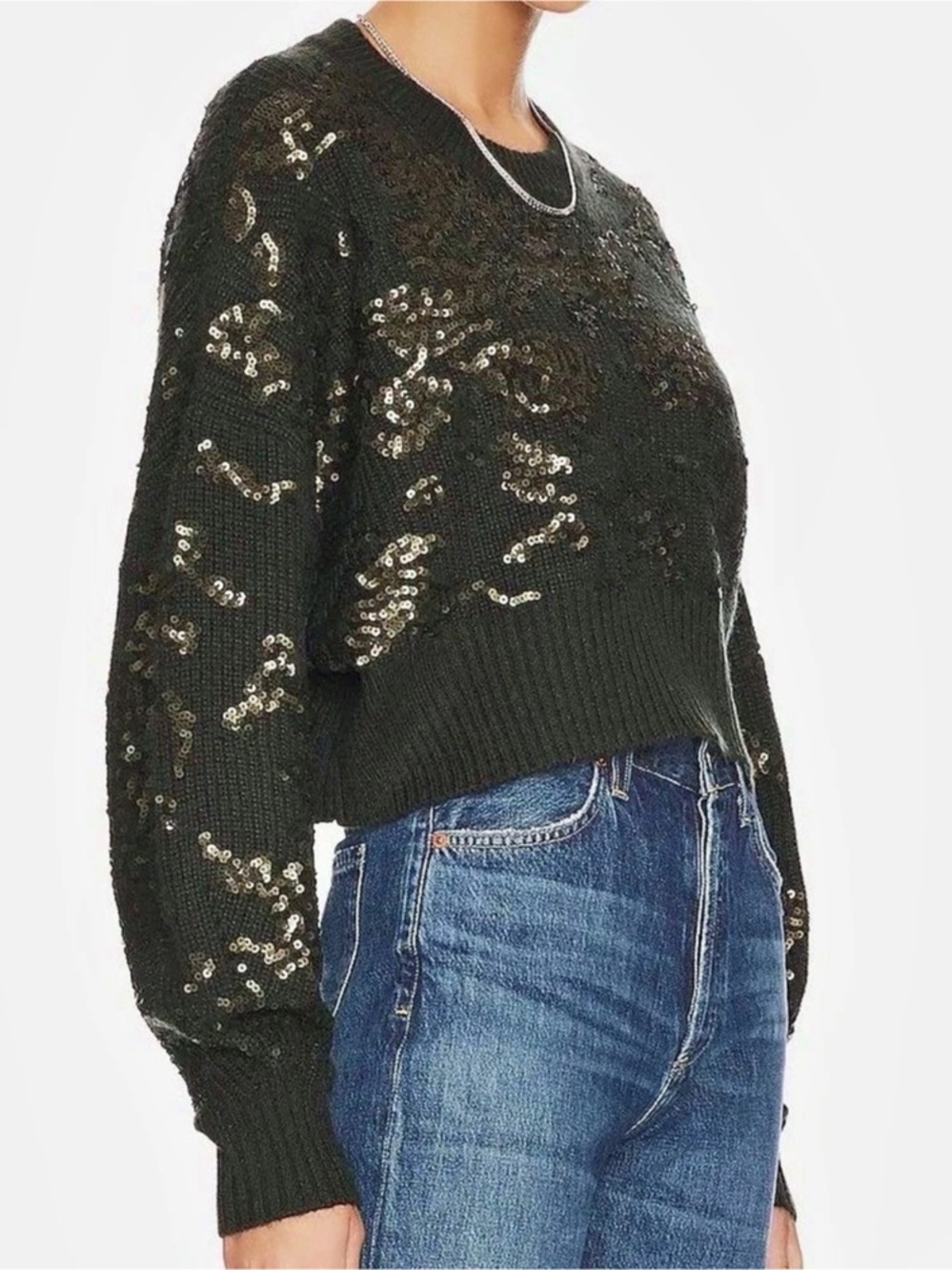 rag & bone Liza Sequin Detail Wool Oversized Cropped Sweater Green & Gold NWT - Picture 2 of 10